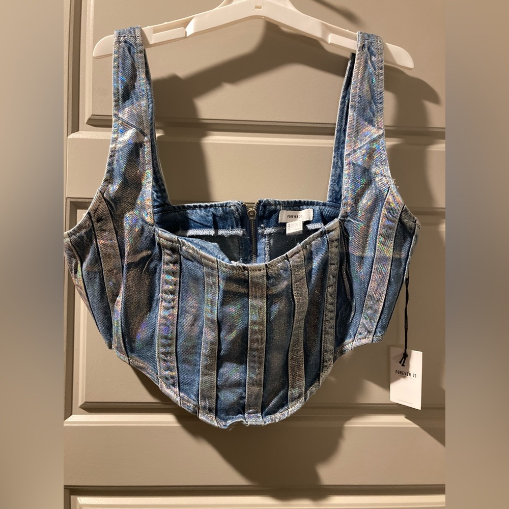 Forever 21 Iridescent Blue Denim Crop Corset Top
